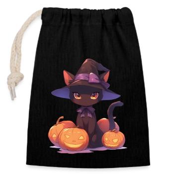 Chat mignon d’Halloween avec chapeau de sorcière et citrouille - Sac cadeau en coton avec cordon (14 x 20 cm) - noir - Devant