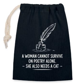 Citation de poésie Chat et Plume - Sac cadeau en coton avec cordon (14 x 20 cm) - bleu marine - Devant