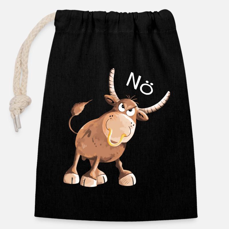 Nö Stier - Bulle- Kuh - Comic - Nein - Fun - Verschließbarer Geschenkbeutel aus Baumwolle (14x20cm) - Schwarz