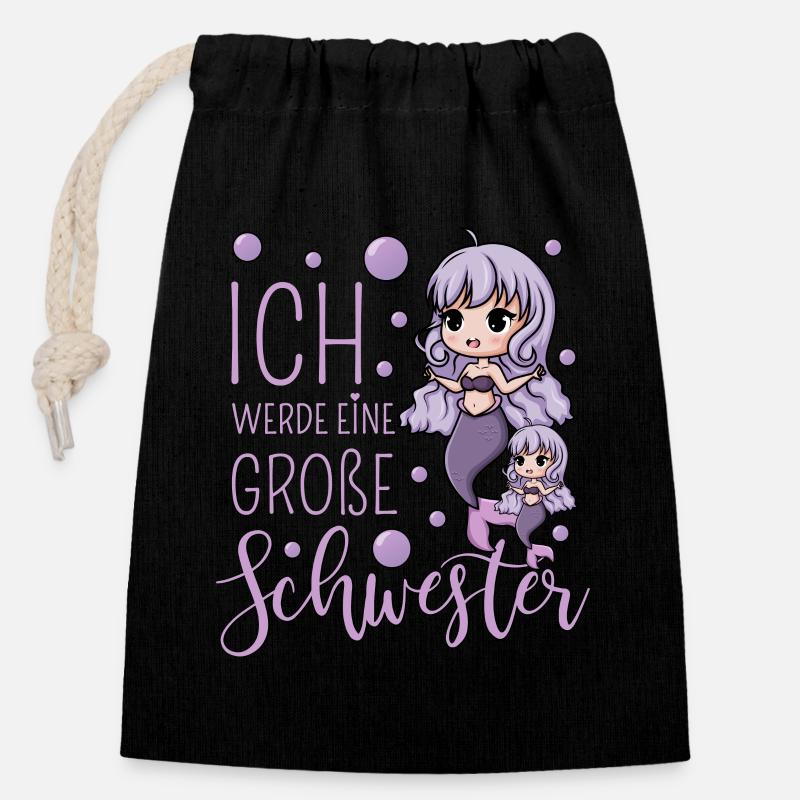 Ich werde eine große Schwester Meerjungfrau - Verschließbarer Geschenkbeutel aus Baumwolle (14x20cm) - Schwarz