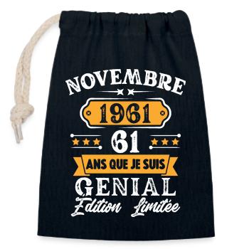 Cadeau D'anniversaire 61 Ans Novembre 1961 Rétro - Sac cadeau en coton avec cordon (14 x 20 cm) - bleu marine - Devant