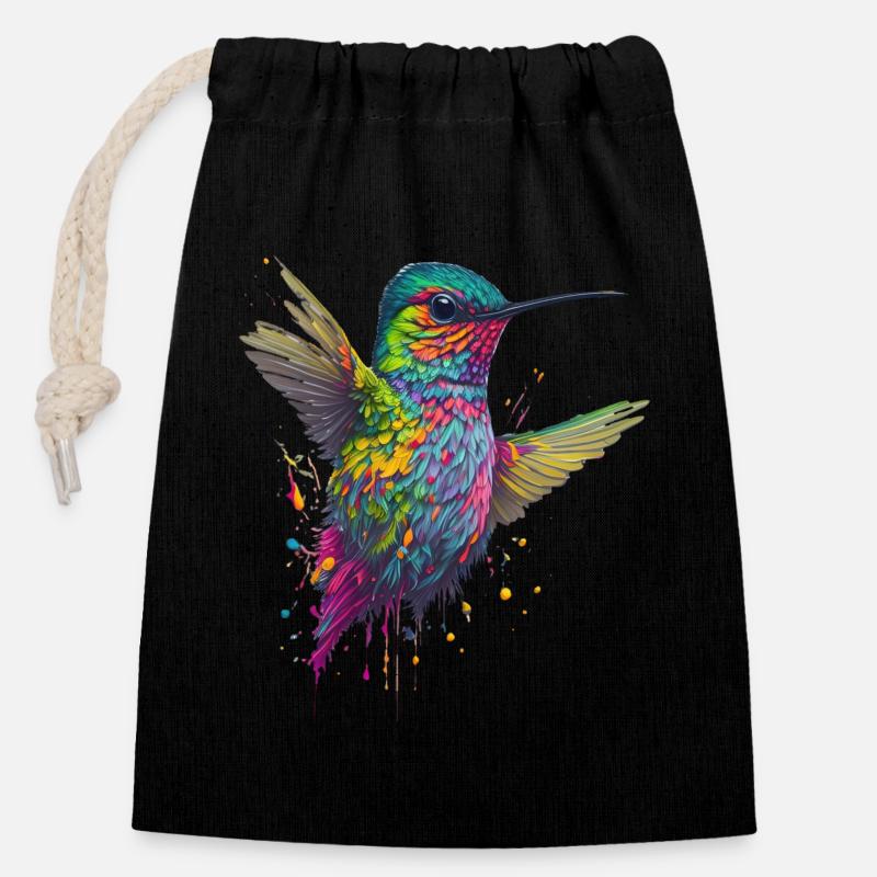 Explosion de couleurs Hummingbird Artwork - Sac cadeau en coton avec cordon (14 x 20 cm) - noir