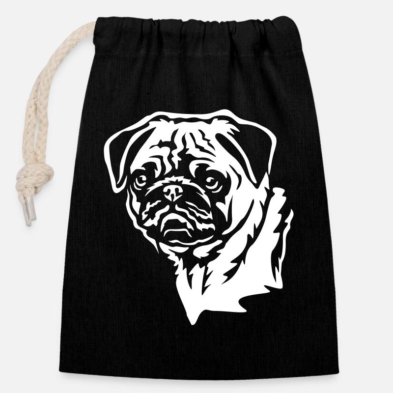 Mops Kopf "Black Edition" - Verschließbarer Geschenkbeutel aus Baumwolle (14x20cm) - Schwarz
