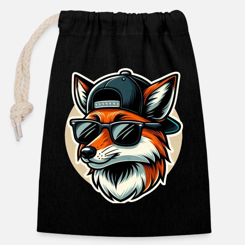 Fuchs mit Sonnenbrille und Cap - Verschließbarer Geschenkbeutel aus Baumwolle (14x20cm) - Schwarz