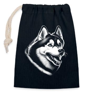 Portrait de tête de husky dans le style de dessin en noir et blanc - Sac cadeau en coton avec cordon (14 x 20 cm) - bleu marine - Devant