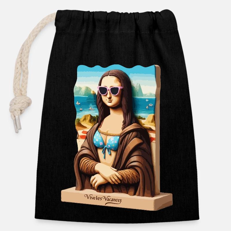 Mona Lisa im Urlaub - Verschließbarer Geschenkbeutel aus Baumwolle (14x20cm) - Schwarz