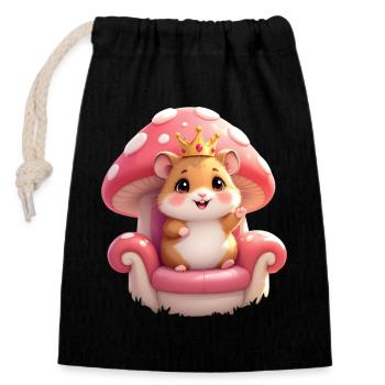Cute hamster with crown on mushroom throne - Closable cotton gift bag (14x20cm) - black - Front