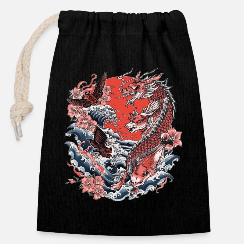 Koi, Waves and Cherry Blossom - Closable cotton gift bag (14x20cm) - black