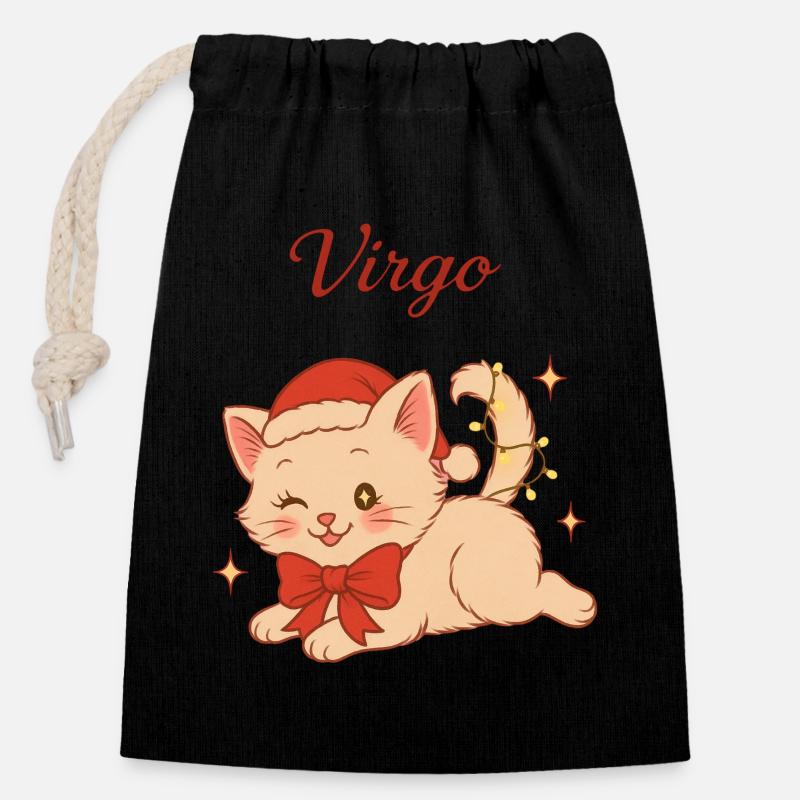 Chat Vierge Magie Noël - Sac cadeau en coton avec cordon (14 x 20 cm) - noir
