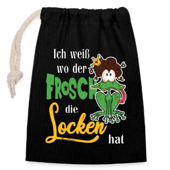 Ich weiß wo der Frosch die Locken hat - Verschließbarer Geschenkbeutel aus Baumwolle (14x20cm) - Schwarz - Vorne