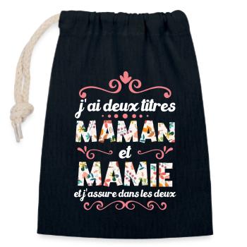 J’ai Deux Titres Maman Et Mamie - Sac cadeau en coton avec cordon (14 x 20 cm) - bleu marine - Devant