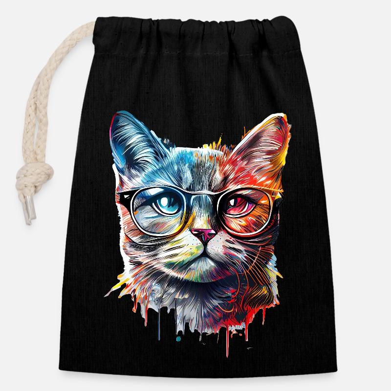 Chat coloré mignon - Sac cadeau en coton avec cordon (14 x 20 cm) - noir