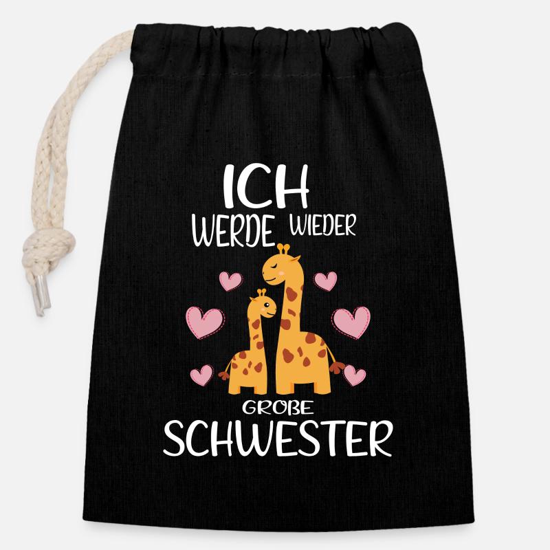 Ich werde wieder Große Schwester Ankündigung - Verschließbarer Geschenkbeutel aus Baumwolle (14x20cm) - Schwarz