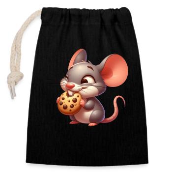 Cute cartoon mouse nibbling crispy cookie - Closable cotton gift bag (14x20cm) - black - Front