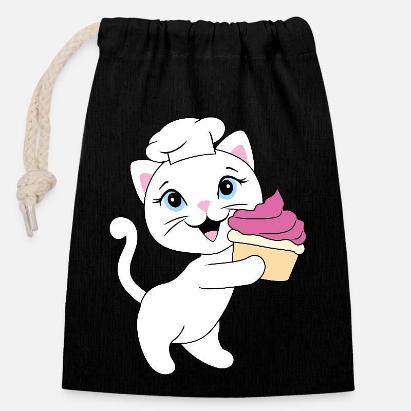 Cute white cat carries a cupcake - Closable cotton gift bag (14x20cm) - black