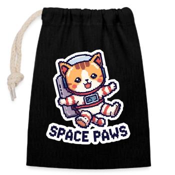 Space Paws – Pixel Cat in Space - Verschließbarer Geschenkbeutel aus Baumwolle (14x20cm) - Schwarz - Vorne