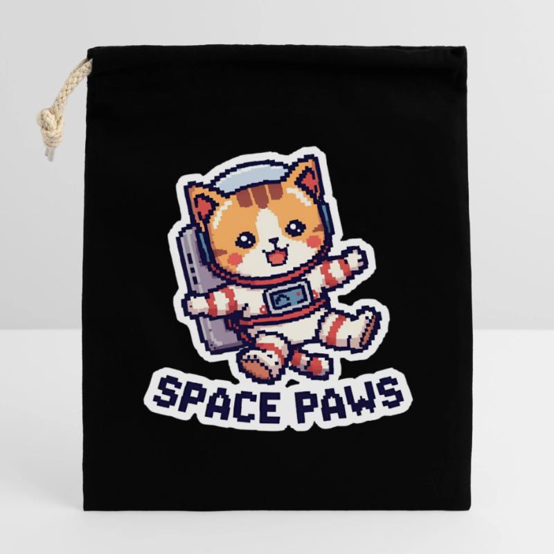Space Paws – Chat pixel dans l’espace Sac cadeau en coton avec cordon (14 x 20 cm)