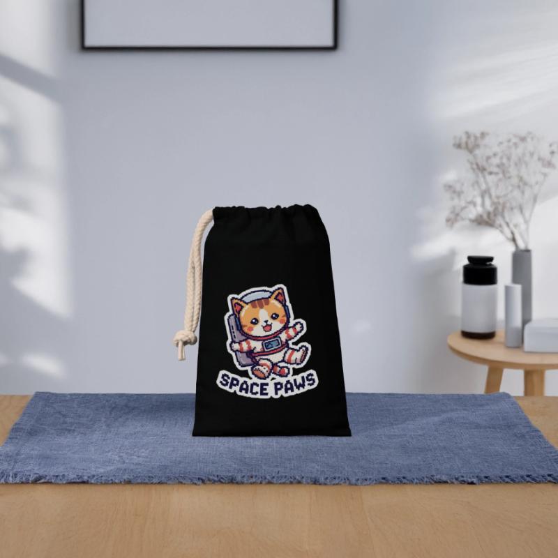 Space Paws – Chat pixel dans l’espace Sac cadeau en coton avec cordon (14 x 20 cm)