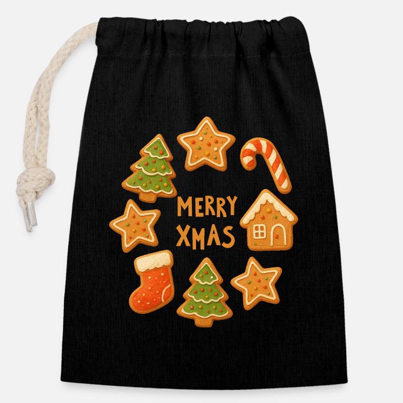Joyeux Noël - Sac cadeau en coton avec cordon (14 x 20 cm) - noir