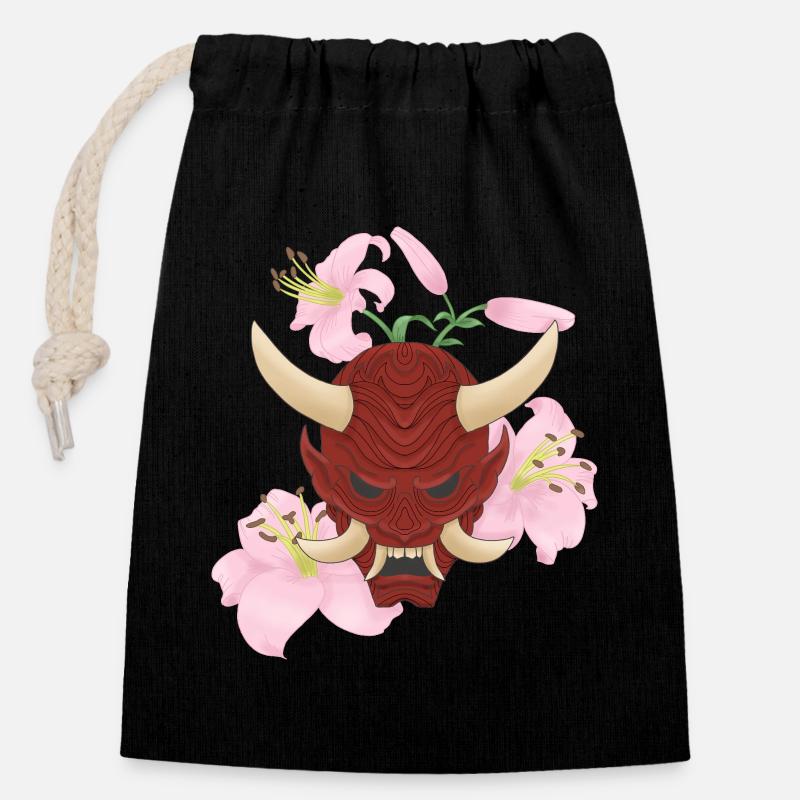Oni x Lys roses - Sac cadeau en coton avec cordon (14 x 20 cm) - noir