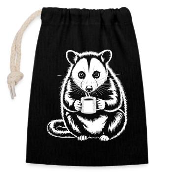 Kaffeetrinkendes Opossum Motiv - Verschließbarer Geschenkbeutel aus Baumwolle (14x20cm) - Schwarz - Vorne