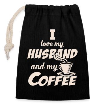 Love Husband and Coffee Quote Beige - Sac cadeau en coton avec cordon (14 x 20 cm) - noir - Devant