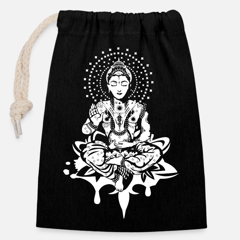 Buddha sitzt auf einer Lotusblüte und meditiert - Verschließbarer Geschenkbeutel aus Baumwolle (14x20cm) - Schwarz