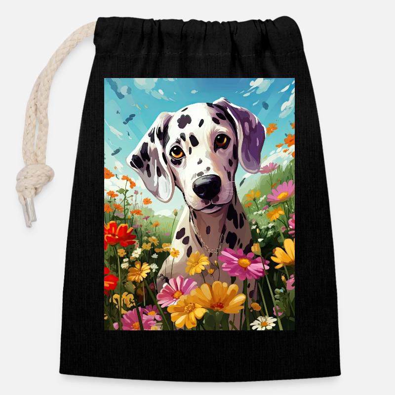 dalmatien mignon en fleurs - Sac cadeau en coton avec cordon (14 x 20 cm) - noir