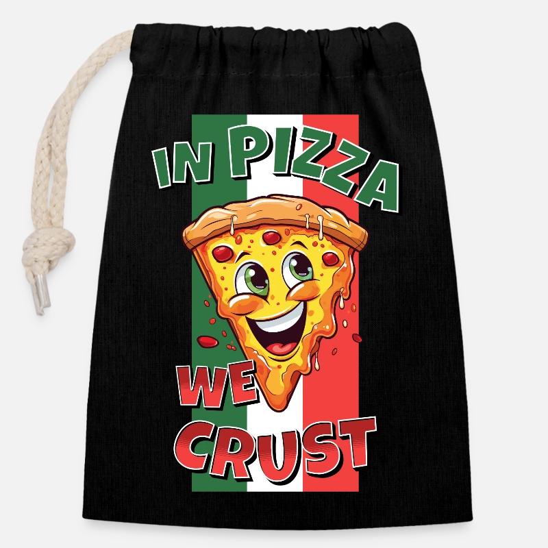 Dans Pizza Nous Croûte Pizza Tranche Visage Rire Drôle - Sac cadeau en coton avec cordon (14 x 20 cm) - noir