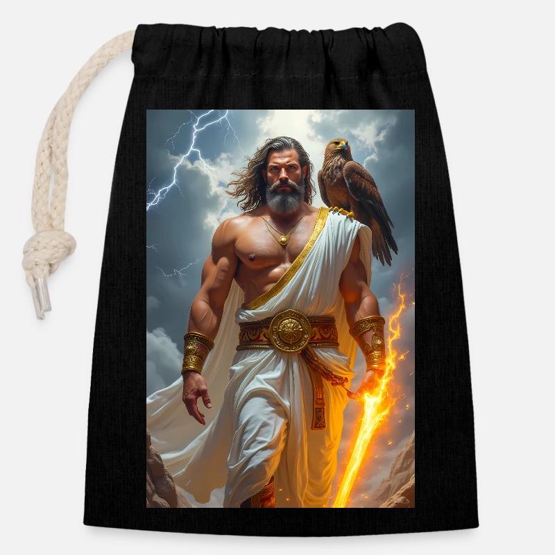 Zeus, bärtiger Gott, der einen Blitz hält, Sturm - Verschließbarer Geschenkbeutel aus Baumwolle (14x20cm) - Schwarz