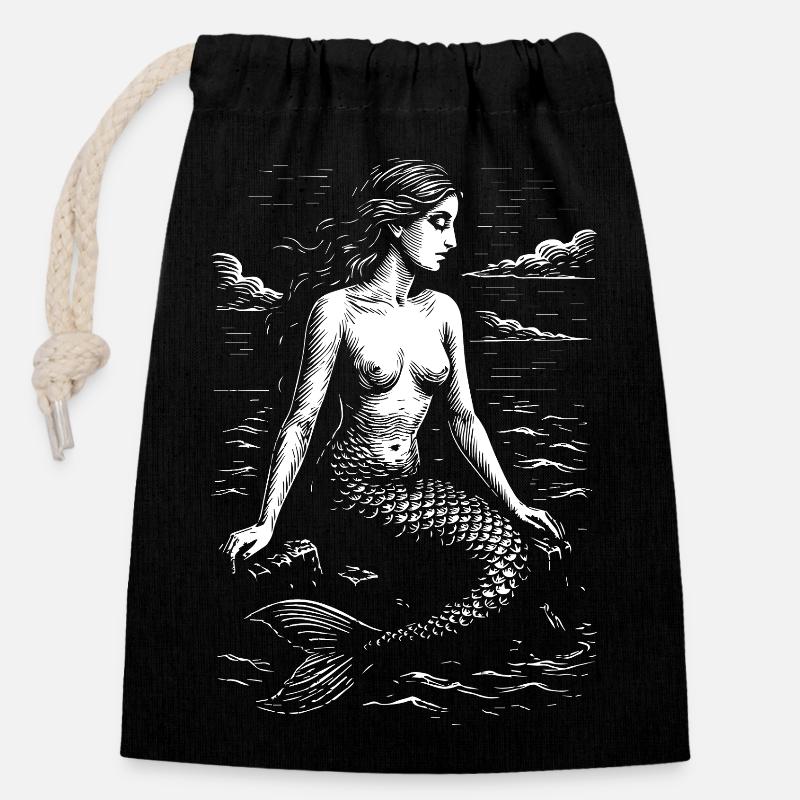 Serene Mermaid by the Sea - Closable cotton gift bag (14x20cm) - black