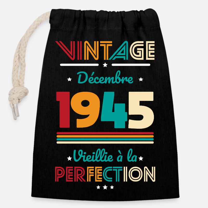 80 Years Anniversary - Vintage - December 1945 - Closable cotton gift bag (14x20cm) - black