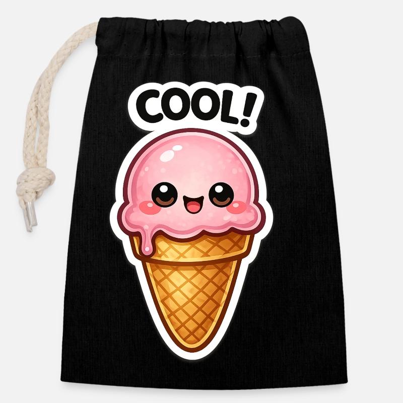 Kawaii Eiscreme Sticker - Verschließbarer Geschenkbeutel aus Baumwolle (14x20cm) - Schwarz