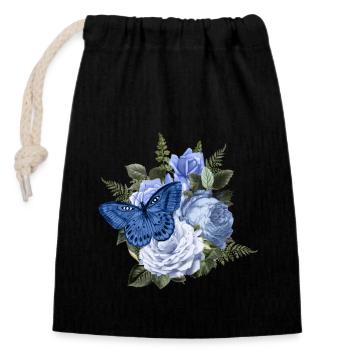 Blauer Schmetterling auf herrlichem blauen Blumenstrauß - Verschließbarer Geschenkbeutel aus Baumwolle (14x20cm) - Schwarz - Vorne
