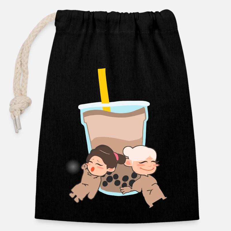 Deux Filles Avec Bubble Tea Mignon - Sac cadeau en coton avec cordon (14 x 20 cm) - noir