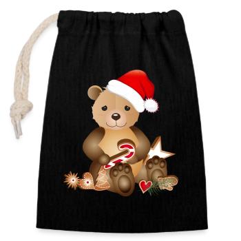 goldiger Bär für Weihnachten mit Weihnachtsmütze - Verschließbarer Geschenkbeutel aus Baumwolle (14x20cm) - Schwarz - Vorne