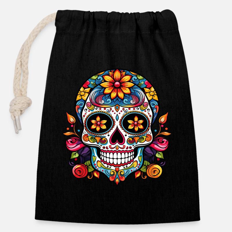Crâne de sucre Méxicain - Sac cadeau en coton avec cordon (14 x 20 cm) - noir