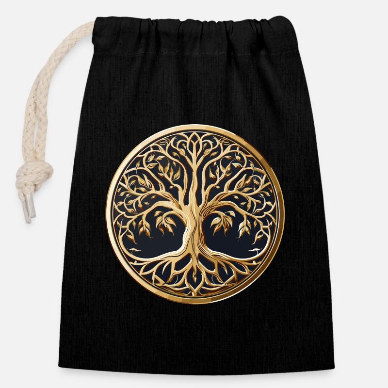 Arbre de vie - Sac cadeau en coton avec cordon (14 x 20 cm) - noir