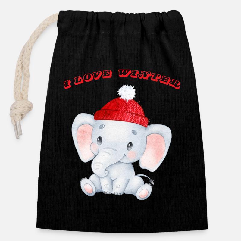 I love Winter, Elefant - Verschließbarer Geschenkbeutel aus Baumwolle (14x20cm) - Schwarz