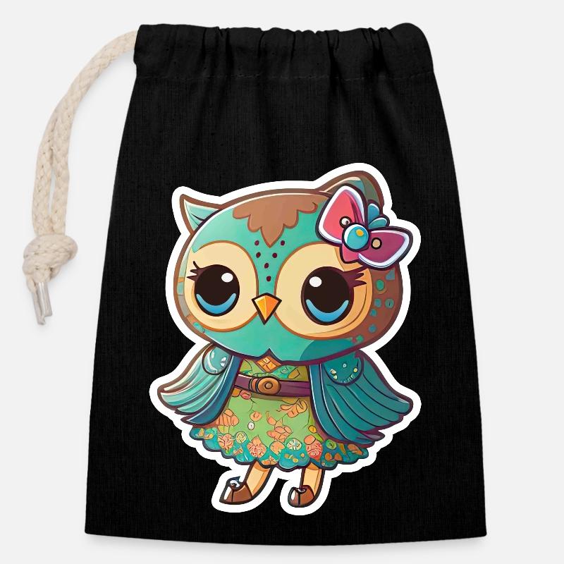 hibou mignon mascotte kawaii - Sac cadeau en coton avec cordon (14 x 20 cm) - noir