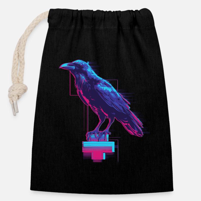 Corbeau au néon - Sac cadeau en coton avec cordon (14 x 20 cm) - noir