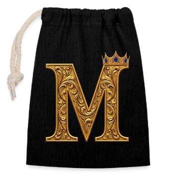 Barockes M Monogramm aus Gold - Verschließbarer Geschenkbeutel aus Baumwolle (14x20cm) - Schwarz - Vorne