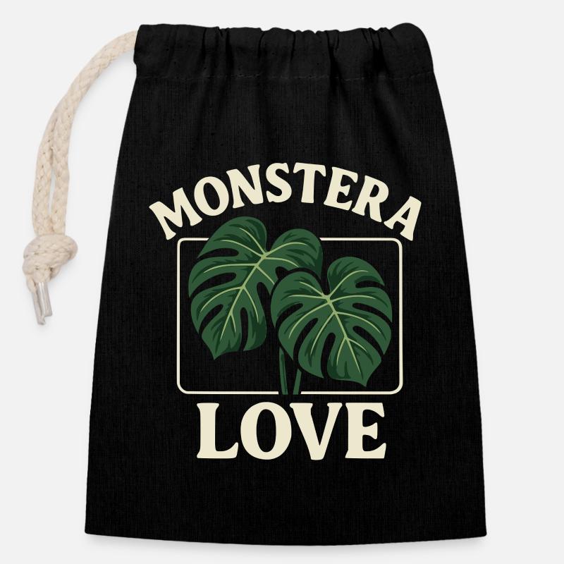 Monstera Love - Sac cadeau en coton avec cordon (14 x 20 cm) - noir