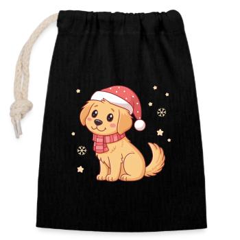 Flauschiger Weihnachtshund mit Hut und Schal - Verschließbarer Geschenkbeutel aus Baumwolle (14x20cm) - Schwarz - Vorne
