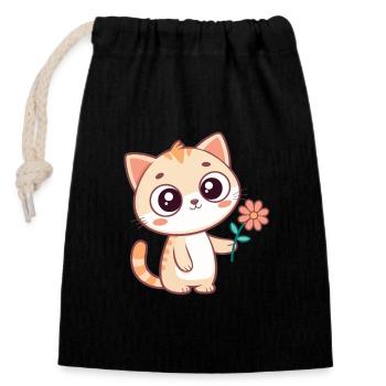 Kawaii-Katze und Pastellblume - Verschließbarer Geschenkbeutel aus Baumwolle (14x20cm) - Schwarz - Vorne