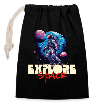 Explore Space Astronaut - Verschließbarer Geschenkbeutel aus Baumwolle (14x20cm) - Schwarz - Vorne