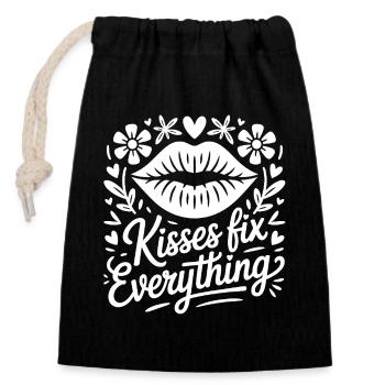 Motif de baiser avec cadre floral - Sac cadeau en coton avec cordon (14 x 20 cm) - noir - Devant