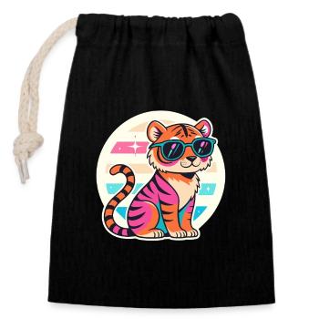 Tigre néon avec lunettes rétro - Sac cadeau en coton avec cordon (14 x 20 cm) - noir - Devant