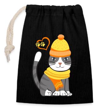 Chat avec écharpe et casquette - jaune orange - Sac cadeau en coton avec cordon (14 x 20 cm) - noir - Devant