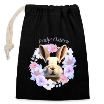 Hase mit Blumen Osterhase - Verschließbarer Geschenkbeutel aus Baumwolle (14x20cm) - Schwarz - Vorne